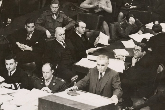 Thomas J. Dodd speaks at the Nuremberg trials